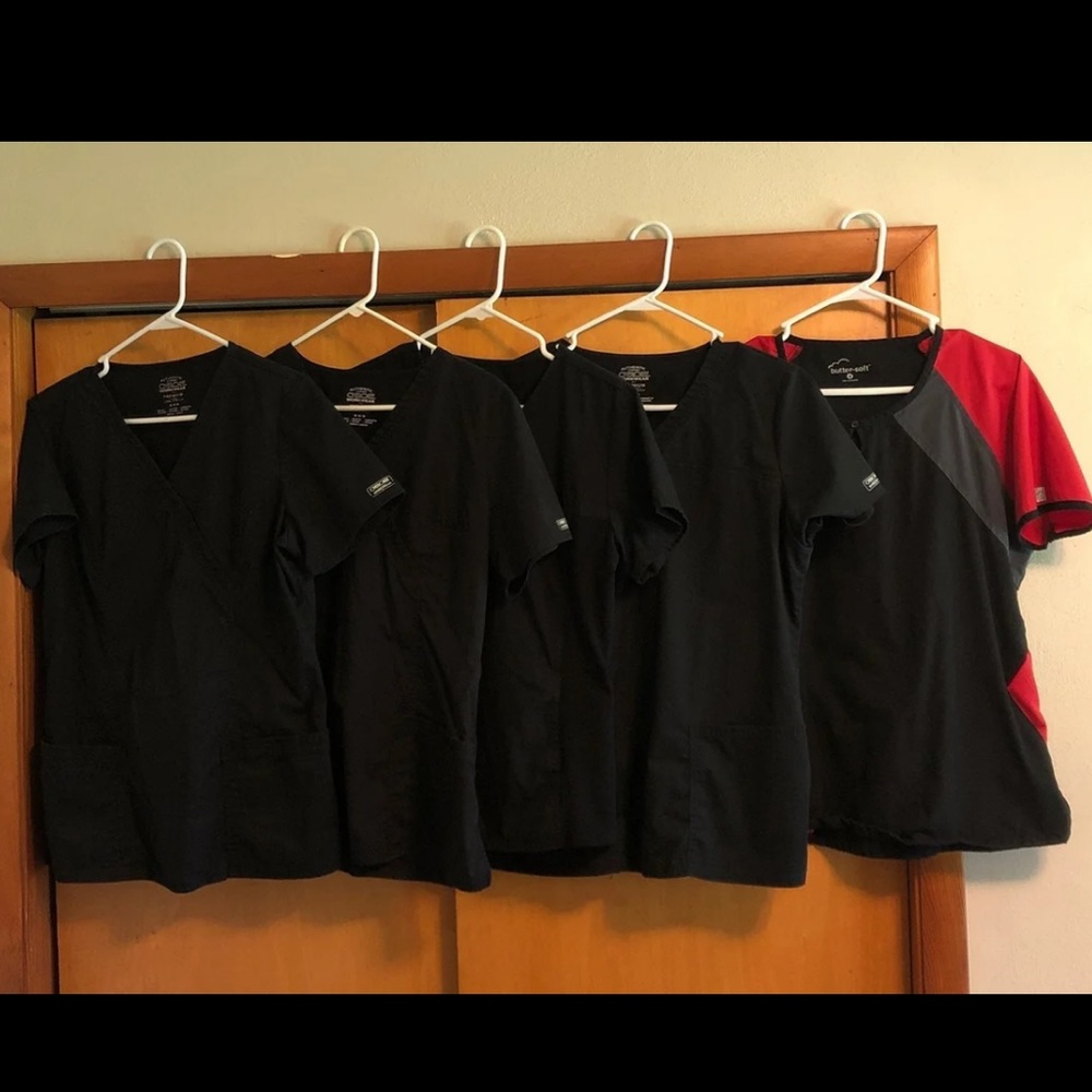 5 Scrub Tops, all size Medium.